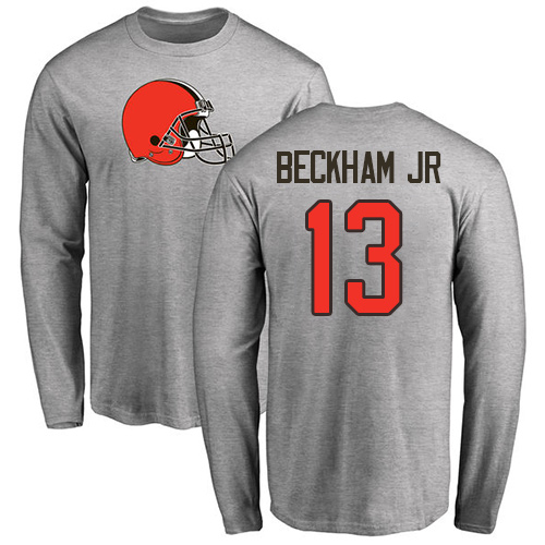 Men Cleveland Browns #13 Beckham Jr Gray Color Name Number Logo Long Sleeve Nike NFL T-Shirt->nfl t-shirts->Sports Accessory
